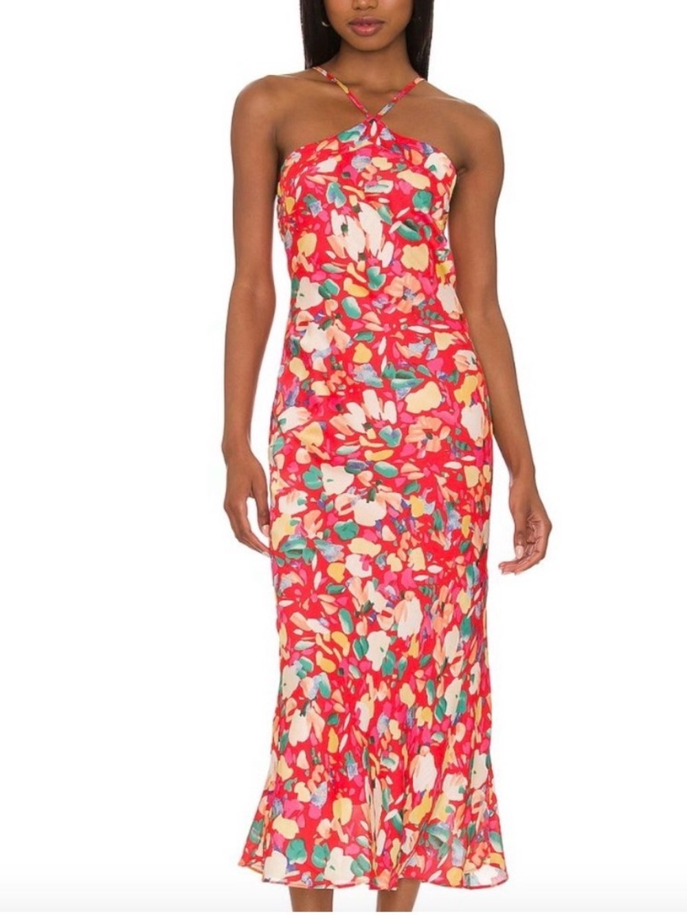 BCBGeneration Floral Red Paint Brush Garden Halter Neck Maxi Dress Size Small